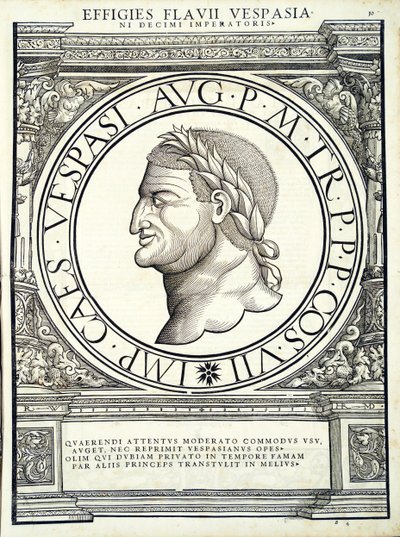 Flavius Vespasianus, Illustration aus Imperatorum romanorum omnium orientalium et occidentalium verissimae imagines ex antiquis numismatis von Hans Rudolf Manuel Deutsch